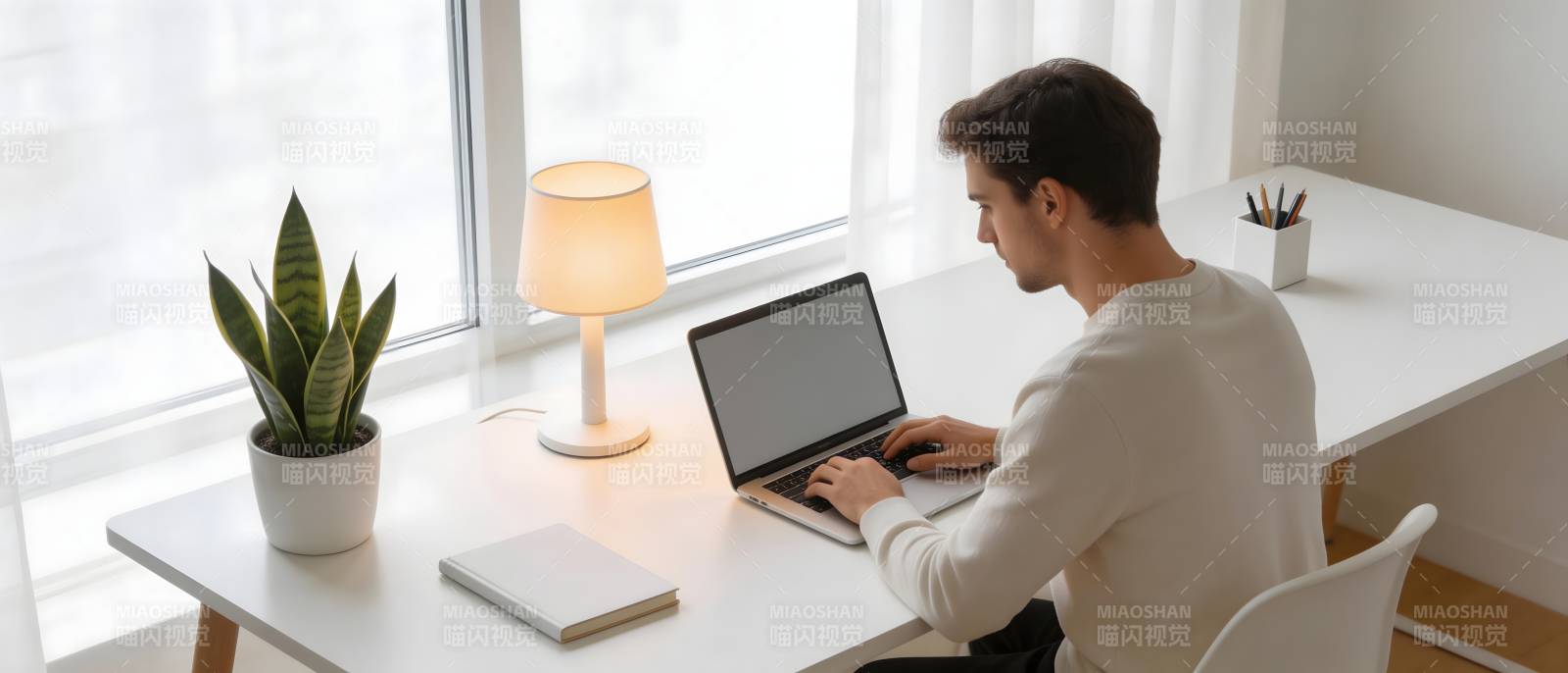 窗边办公 绿植伴灯静工作图片