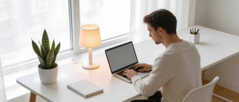 窗边办公 绿植伴灯静工作图片