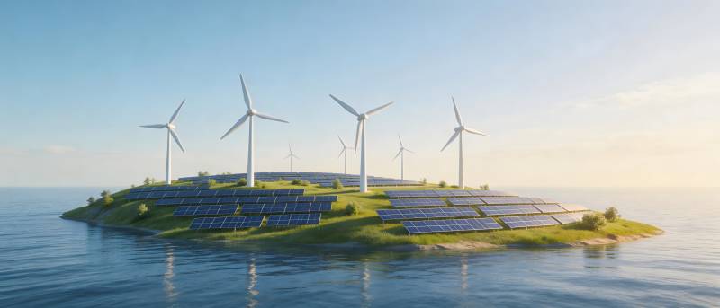 海岛风光 风车与太阳能板共舞图片