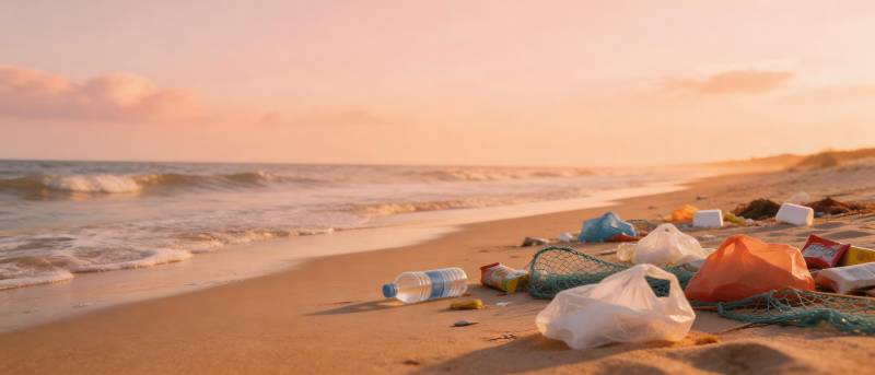 海滩垃圾污染 夕阳下的警示图片
