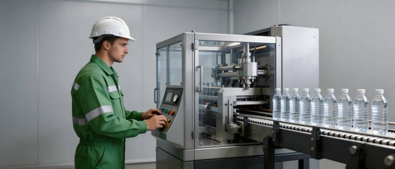 工人操作瓶装水生产线图片