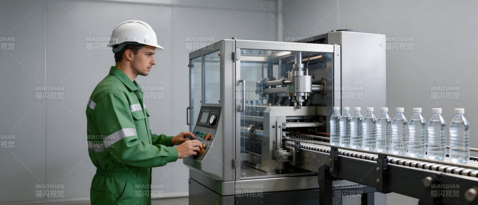 工人操作瓶装水生产线图片