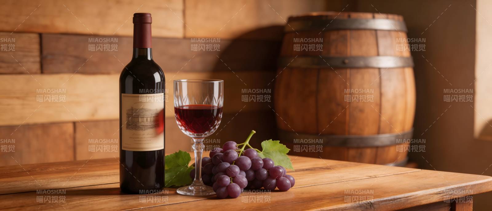 红酒配葡萄 木桶背景香图片