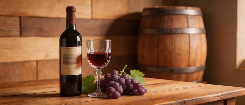 红酒配葡萄 木桶背景香图片