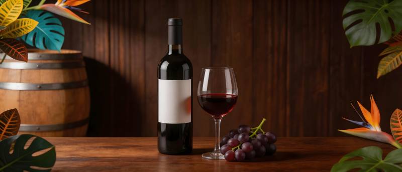 红酒配葡萄 木桶伴绿叶图片