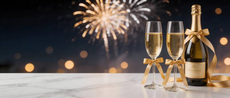 烟花下的香槟庆祝时刻图片