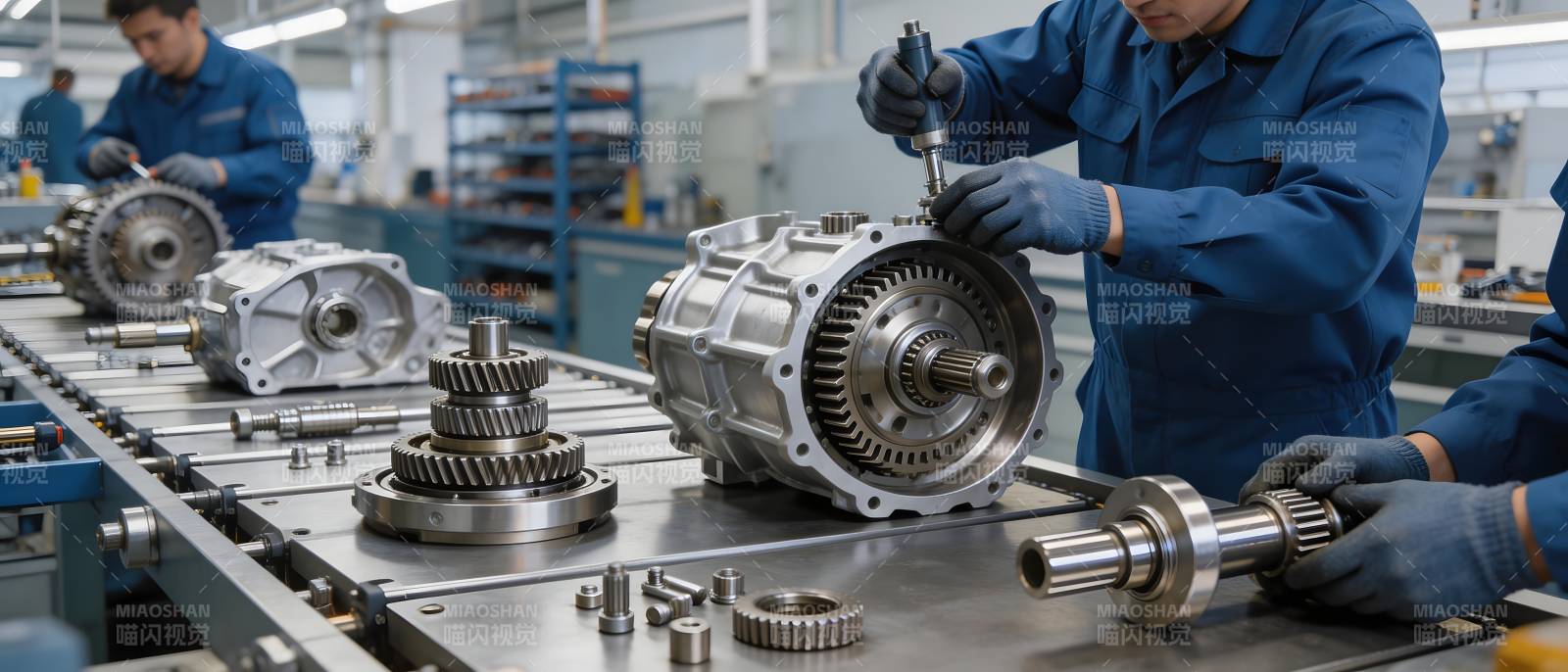 工人装配精密齿轮箱图片