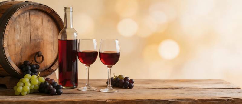 红酒配葡萄 木桶伴暖光图片