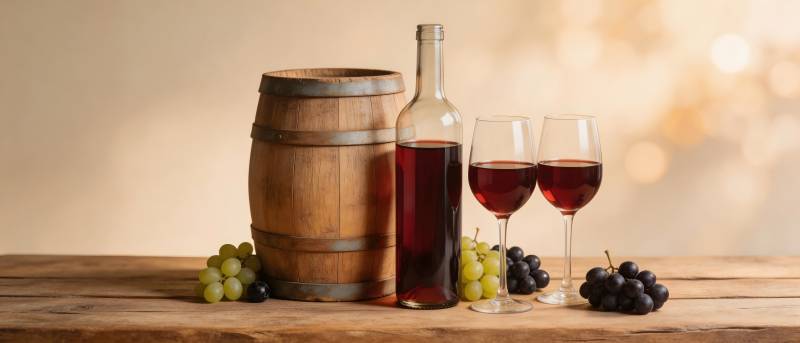 红酒木桶与葡萄静物图图片