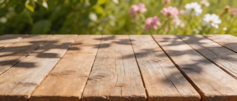 木桌映花影 自然静谧美图片