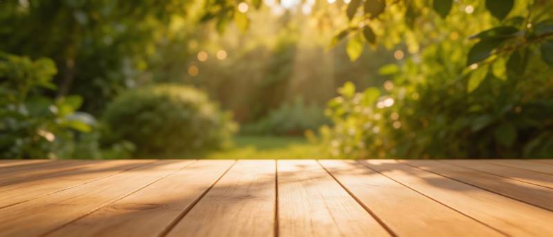 木桌迎晨光 绿意盎然景图片