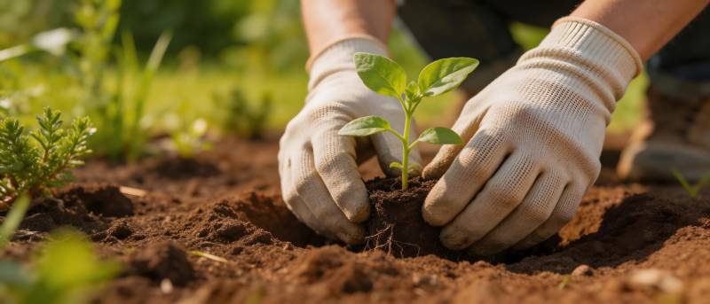 戴手套种下小苗图片