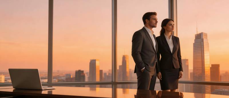 商界精英俯瞰城市黄昏图片