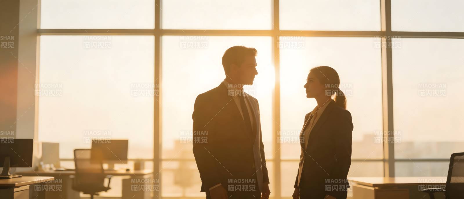 夕阳下商务对话剪影图片