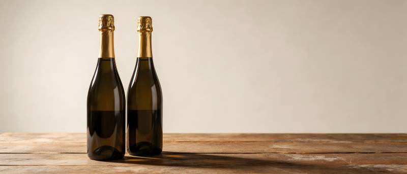 两瓶香槟静置木桌图片