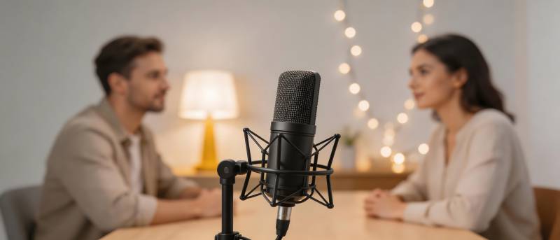 两人对谈 麦克风居中录制图片