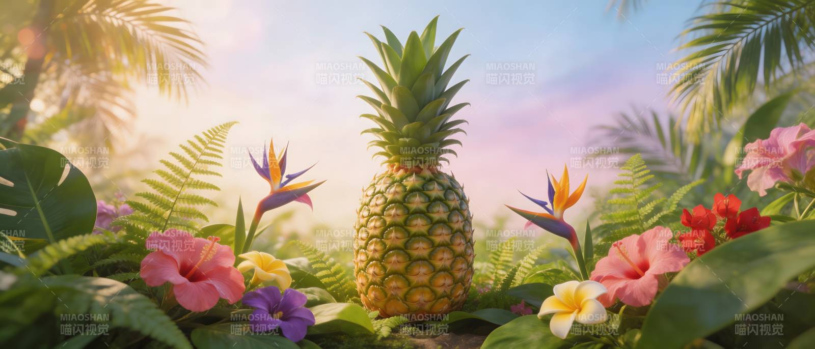 热带花园中的菠萝与繁花图片