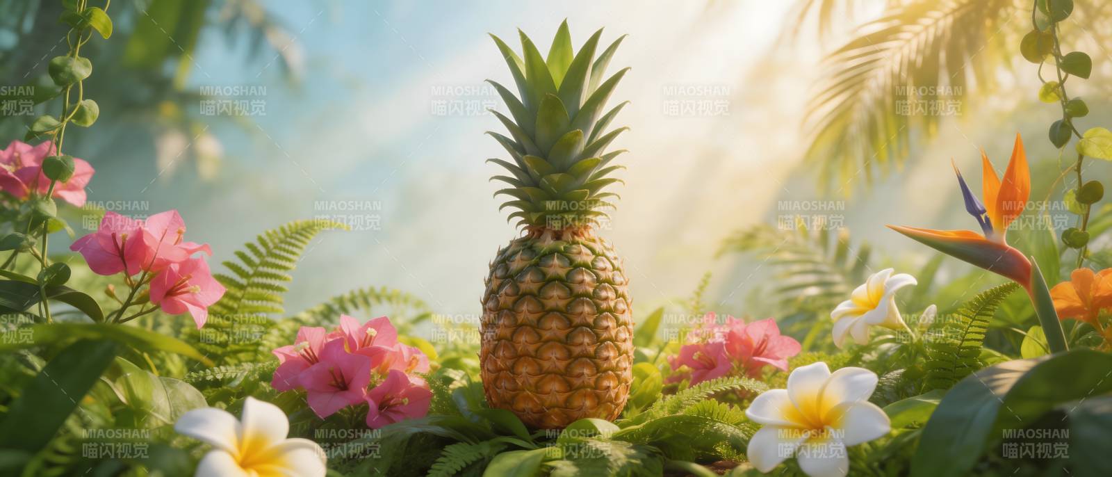 热带花园中的菠萝与繁花图片
