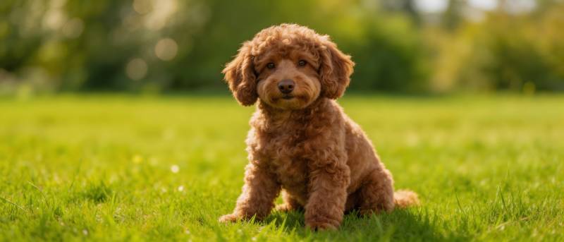 草地上的棕色卷毛小狗图片