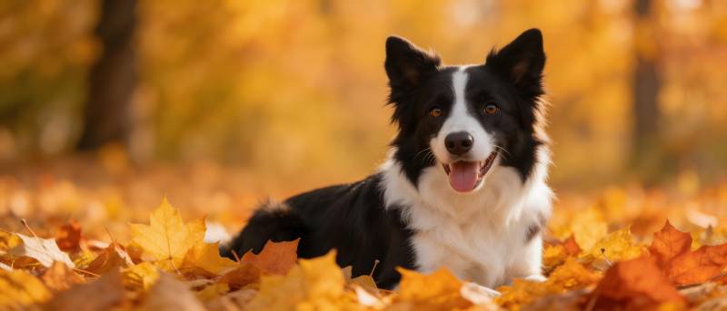 秋叶中的快乐边牧犬图片
