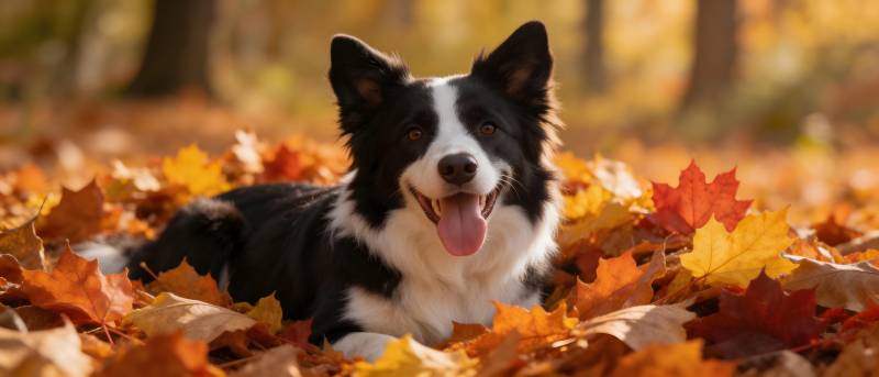 秋叶中的快乐边牧犬图片