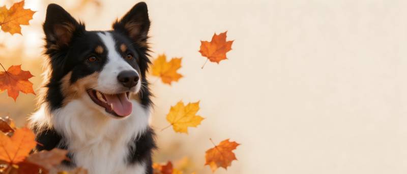 秋日萌宠 边境牧羊犬笑迎落叶图片