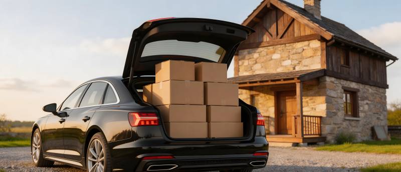 搬家车停石屋前 后备箱满纸箱图片