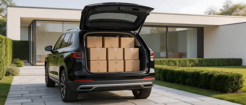黑SUV后备箱装满纸箱图片