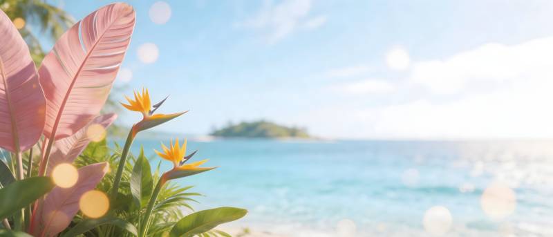 热带海滩与粉色芭蕉花景图片