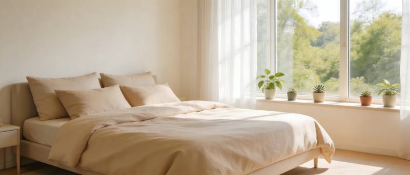 阳光卧室 绿植点缀温馨床铺图片