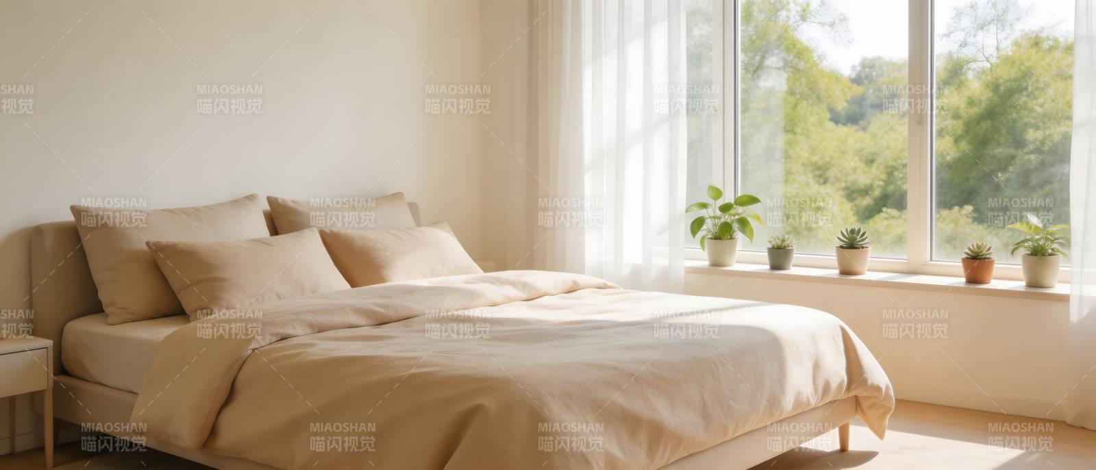 阳光卧室 绿植点缀温馨床铺图片