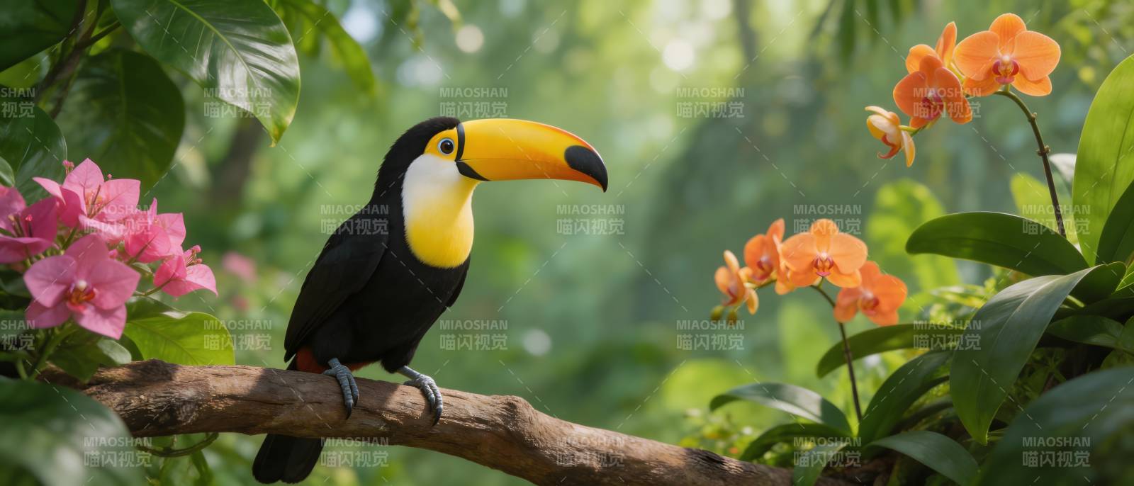 巨嘴鸟栖花枝间图片