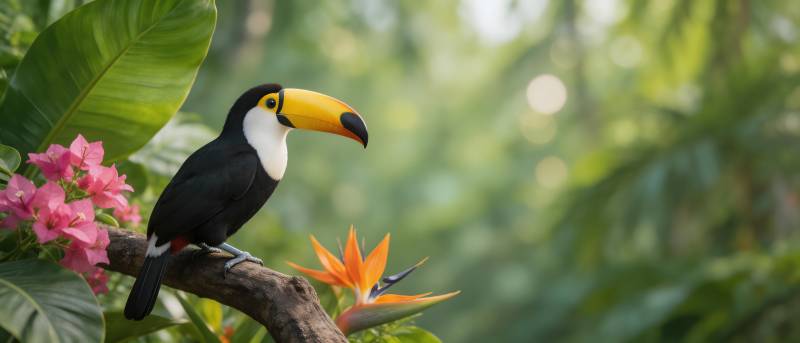 巨嘴鸟栖花枝 热带雨林景图片