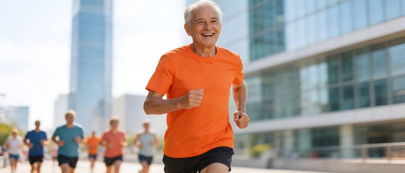 老人橙衣奔跑 城市背景活力满满图片