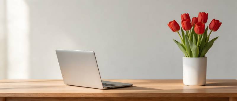 桌上一台笔记本和一束红花图片