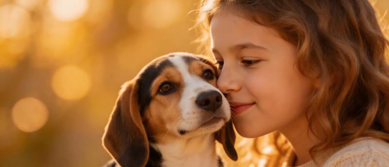 女孩与小狗温馨对视图片