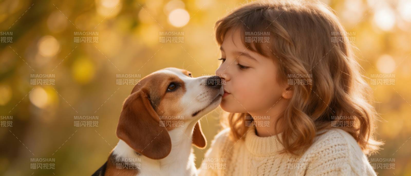 小女孩与比格犬温馨亲吻图片