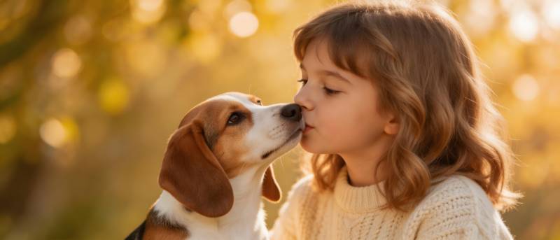 小女孩与比格犬温馨亲吻图片