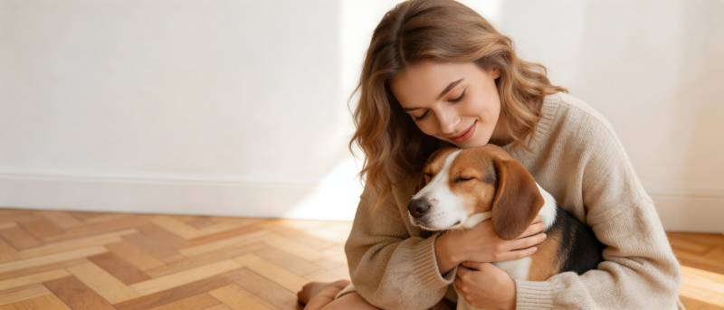 女子轻拥爱犬 温馨相伴图片