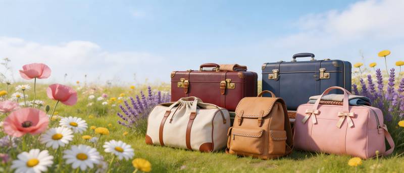 花田里的旅行箱与背包图片