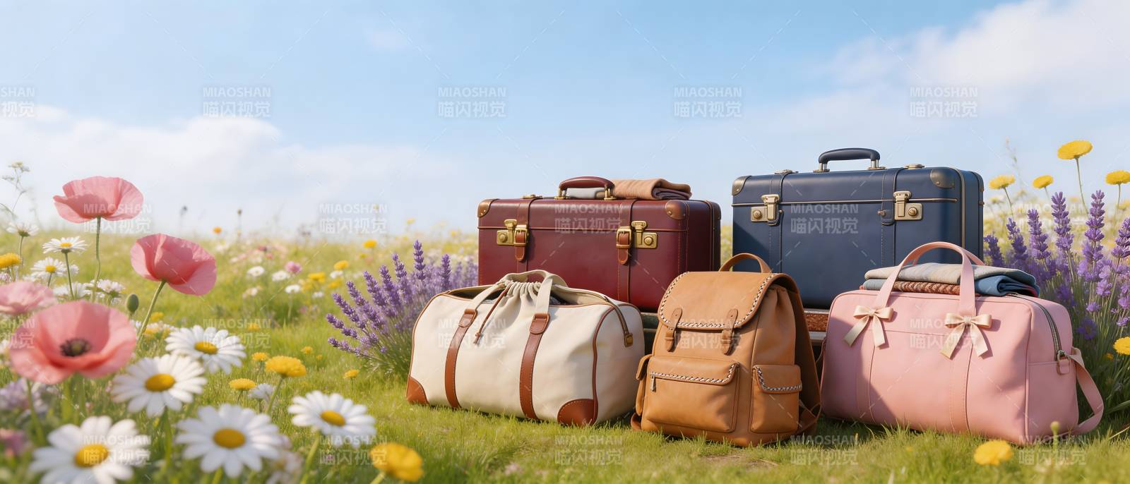 花田里的旅行箱与背包图片