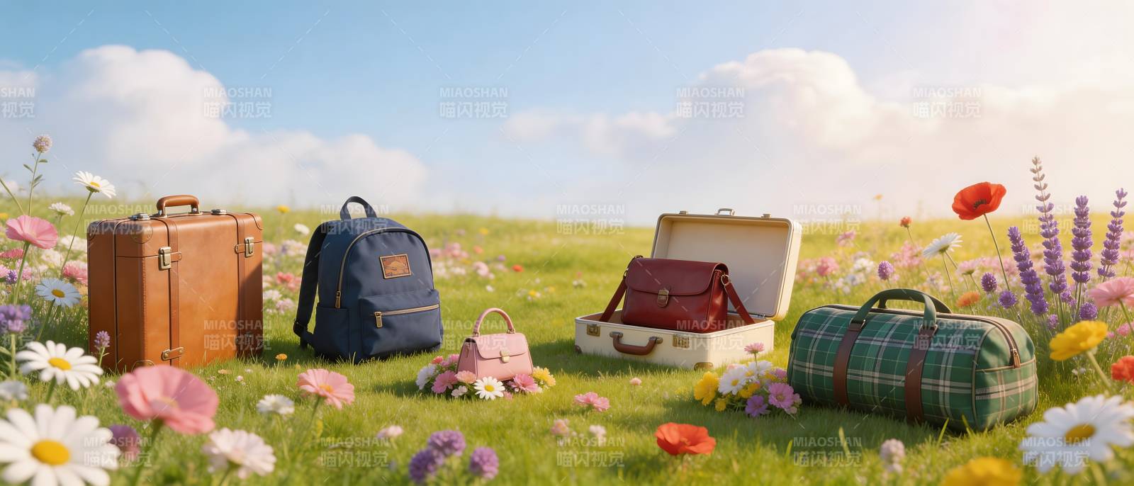 花田里的旅行箱与背包图片