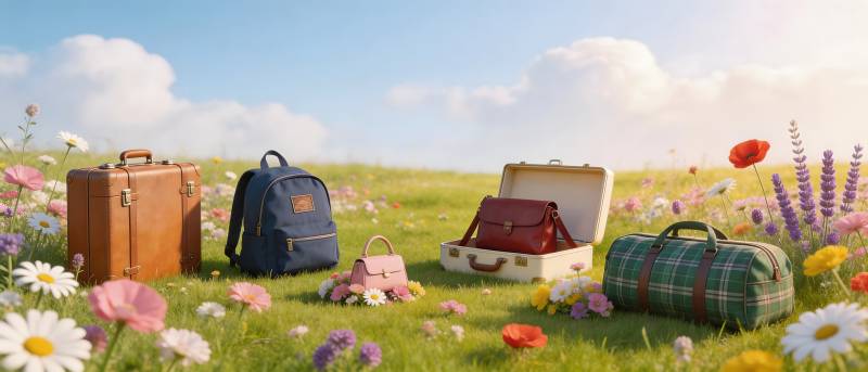 花田里的旅行箱与背包图片