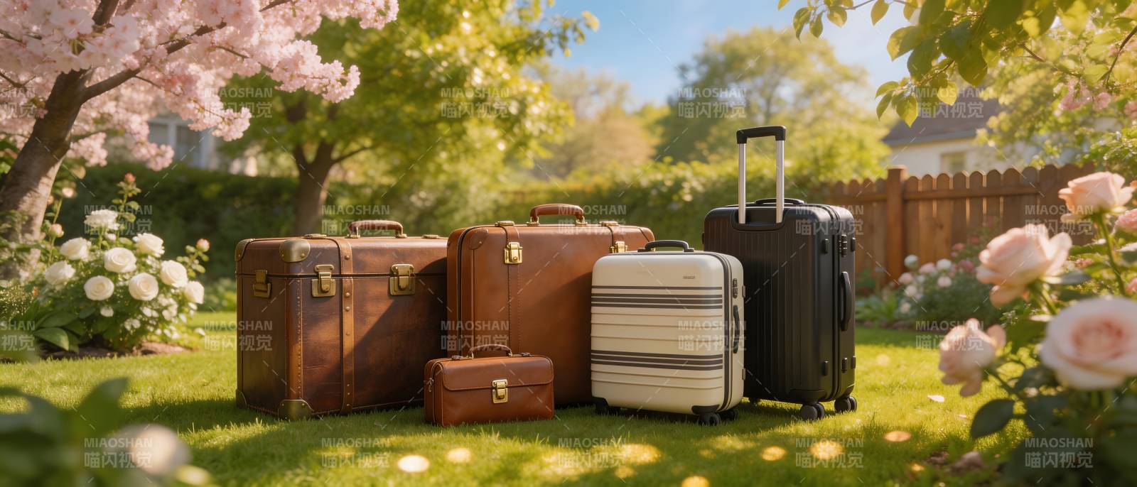 春日花园里的旅行箱图片