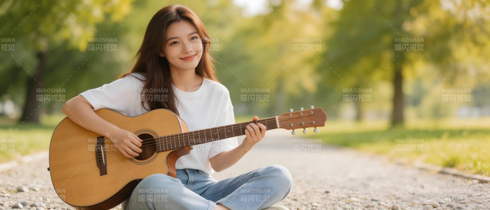 林间弹吉他少女图片