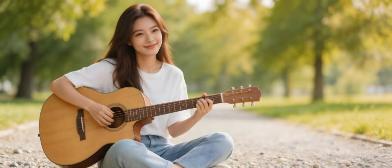 林间弹吉他少女图片