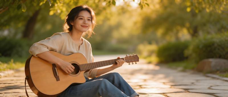 夕阳下弹吉他的女孩图片