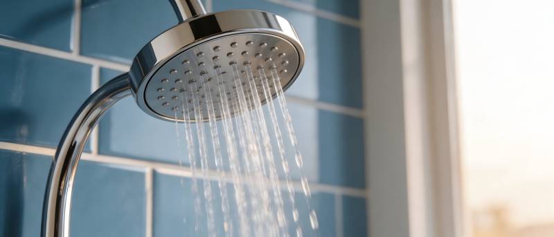 淋浴喷头流水特写图片