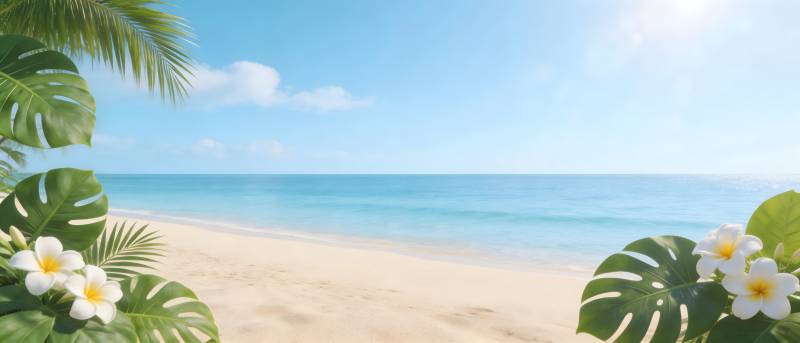 热带海滩 椰风花影伴碧海图片