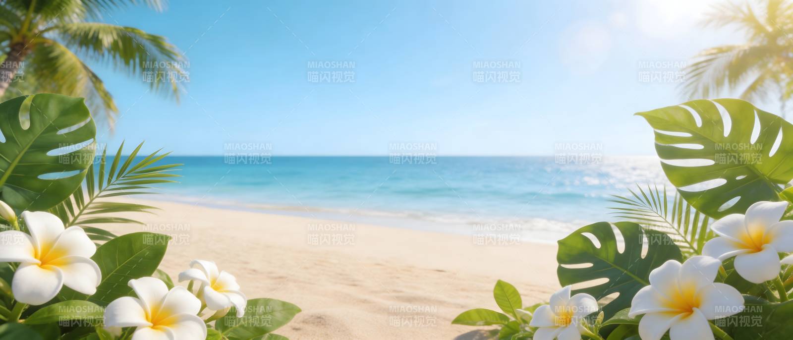 热带海滩 椰影花香迎碧海图片